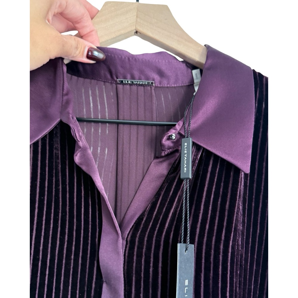Elie Tahari Purple Burnout Velvet Silk Blend Stripe Blouse E91VJ509 NWT - Picture 2 of 8